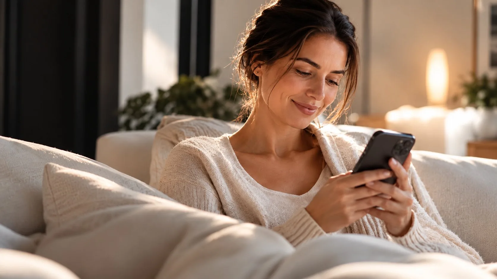 Patientin sitzt nach ihrer Behandlung zuhause auf dem Sofa und schaut auf ihr Smartphone